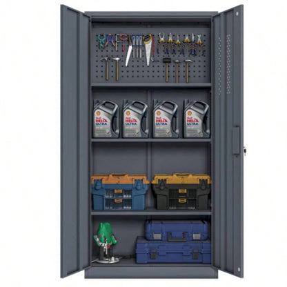 Metal garage storage cabinet with 2 doors and 4 adjustable shelves - 71.96 - inch steel lockable file cabinet with pegboard interior, suitable home offices, garages, gyms, schools gray