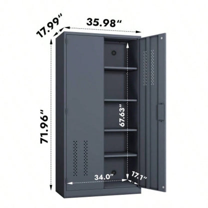 Metal garage storage cabinet with 2 doors and 4 adjustable shelves - 71.96 - inch steel lockable file cabinet with pegboard interior, suitable home offices, garages, gyms, schools gray