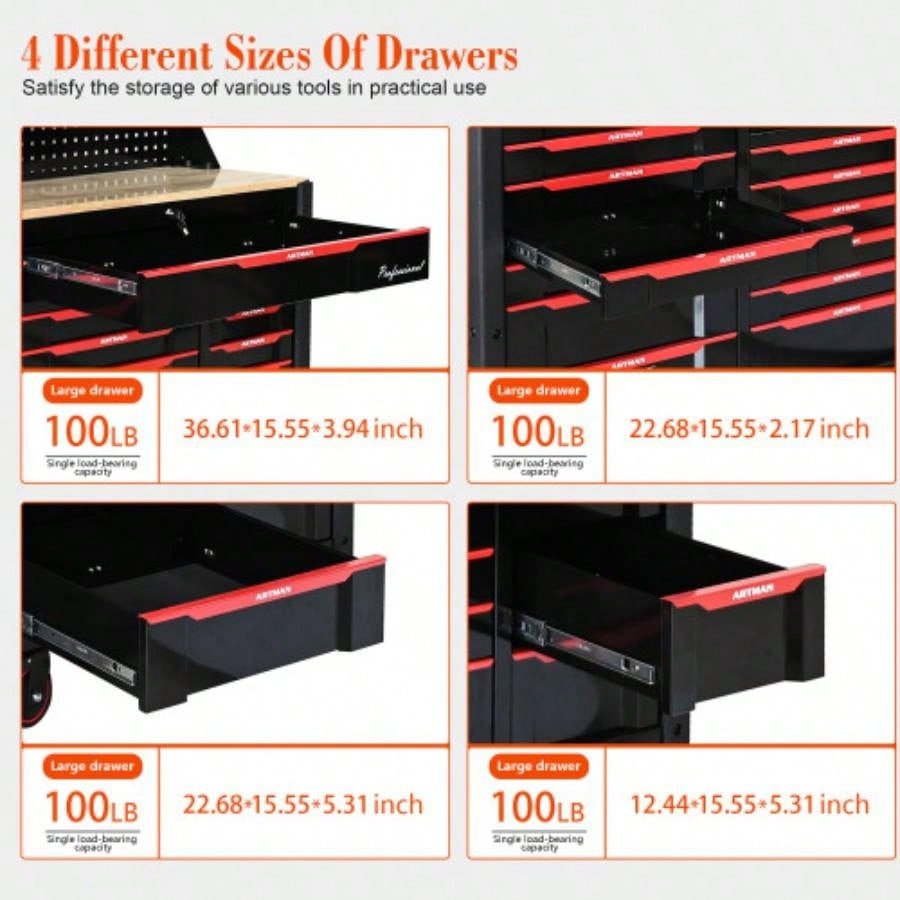 Automobile Repair Heavy - duty Cart with+12 Drawers without tools Mobile Storage Cabinet Workshop and Laboratory - BlackRed