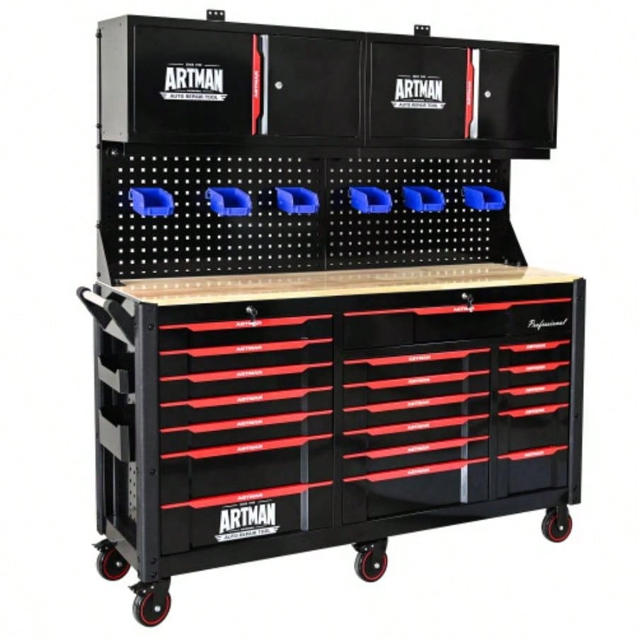 Automobile Repair Heavy - duty Cart with+12 Drawers without tools Mobile Storage Cabinet Workshop and Laboratory - BlackRed