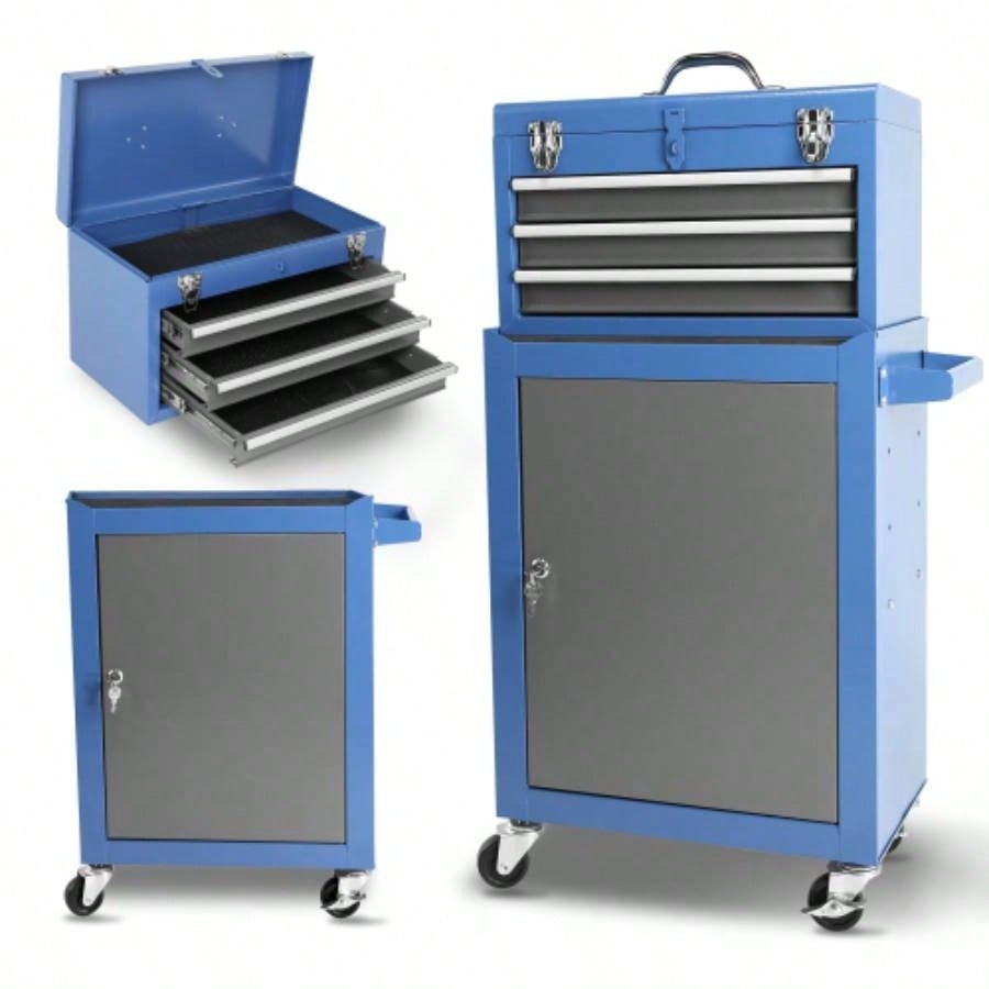 Rolling Garage Workshop Organizer: Detachable 3 Drawer Chest with Large Storage Cabinet and Adjustable Shelf