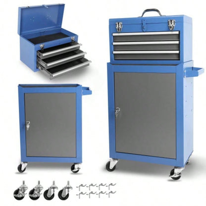 Rolling Garage Workshop Organizer: Detachable 3 Drawer Chest with Large Storage Cabinet and Adjustable Shelf