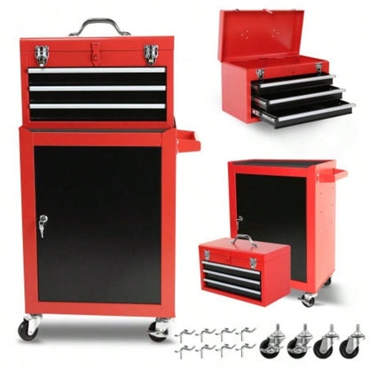 Rolling Garage Workshop Organizer: Detachable 3 Drawer Chest with Large Storage Cabinet and Adjustable Shelf