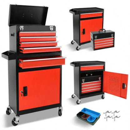 Chest, 5 - Drawer Rolling Storage Cabinet with Detachable Top Box, Liner, Universal Lockable Wheels, Locking Mechanism, Metal Cart Garage Workshop