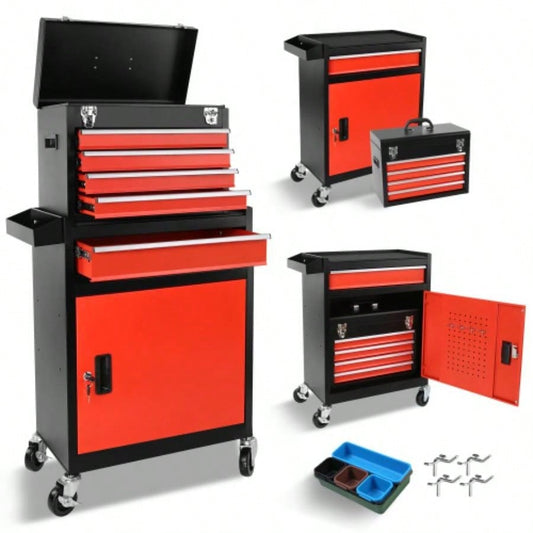 Chest, 5 - Drawer Rolling Storage Cabinet with Detachable Top Box, Liner, Universal Lockable Wheels, Locking Mechanism, Metal Cart Garage Workshop