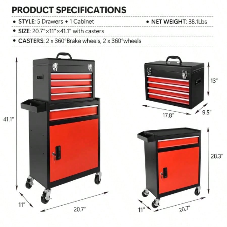 Chest, 5 - Drawer Rolling Storage Cabinet with Detachable Top Box, Liner, Universal Lockable Wheels, Locking Mechanism, Metal Cart Garage Workshop