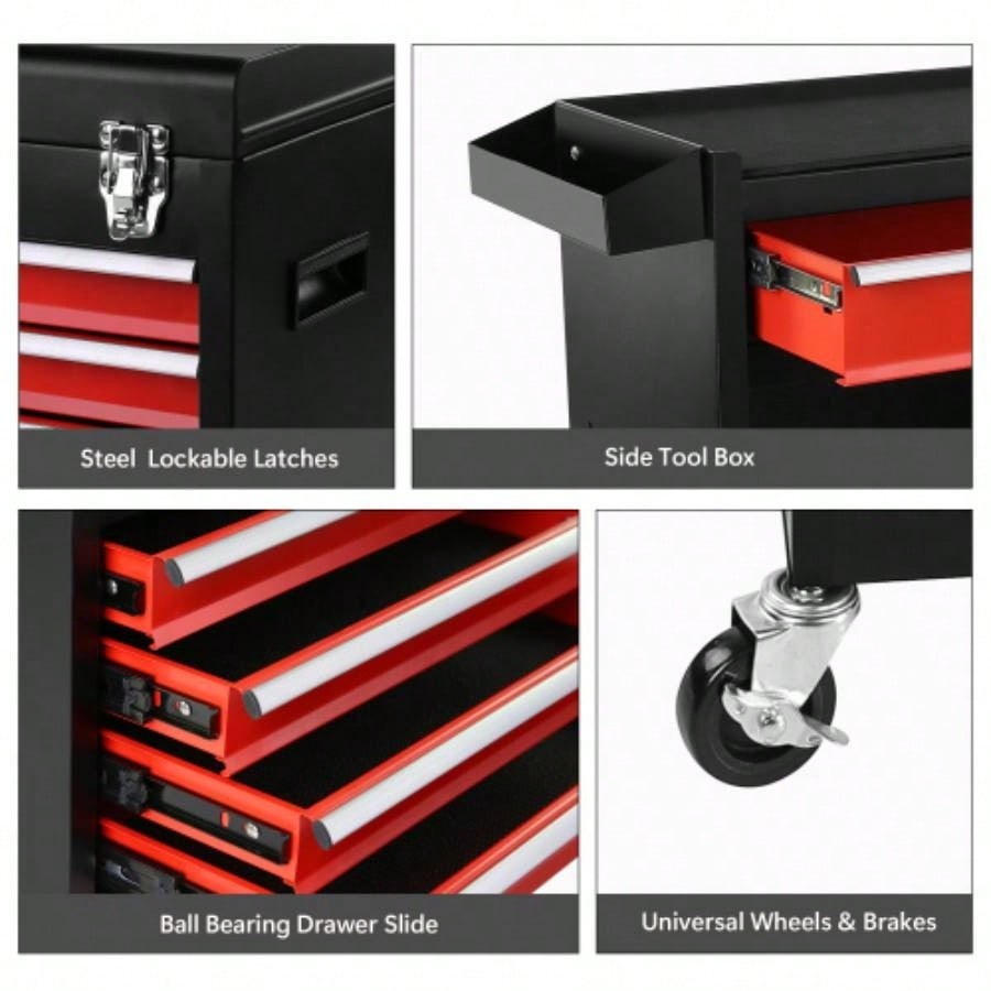 Chest, 5 - Drawer Rolling Storage Cabinet with Detachable Top Box, Liner, Universal Lockable Wheels, Locking Mechanism, Metal Cart Garage Workshop