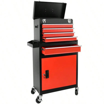 Chest, 5 - Drawer Rolling Storage Cabinet with Detachable Top Box, Liner, Universal Lockable Wheels, Locking Mechanism, Metal Cart Garage Workshop