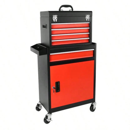 Chest, 5 - Drawer Rolling Storage Cabinet with Detachable Top Box, Liner, Universal Lockable Wheels, Locking Mechanism, Metal Cart Garage Workshop