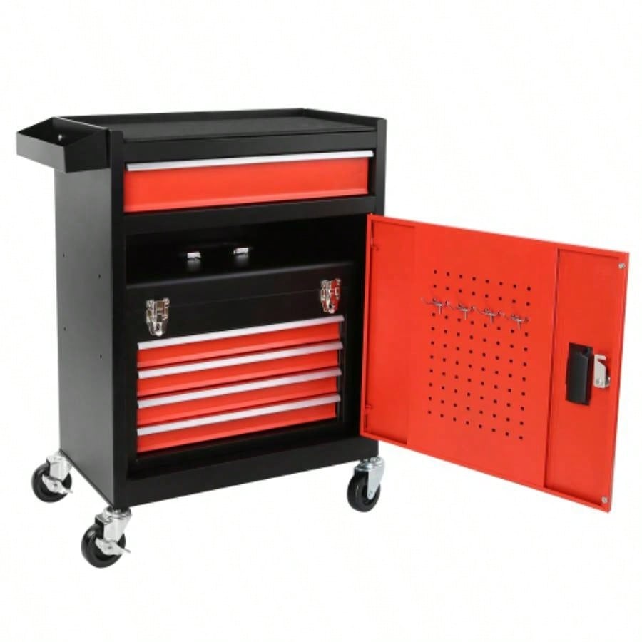 Chest, 5 - Drawer Rolling Storage Cabinet with Detachable Top Box, Liner, Universal Lockable Wheels, Locking Mechanism, Metal Cart Garage Workshop
