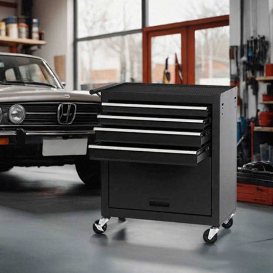 4 - Drawer Rolling Chest, Cabinet with 4 Wheels Chest with Drawers, Suitable Garages, Warehouses, Workshops, Repair Shops, Black