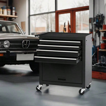 4 - Drawer Rolling Chest, Cabinet with 4 Wheels Chest with Drawers, Suitable Garages, Warehouses, Workshops, Repair Shops, Black