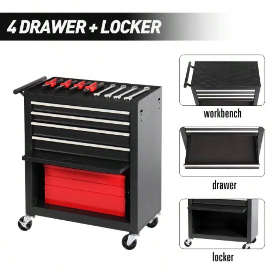 4 - Drawer Rolling Chest, Cabinet with 4 Wheels Chest with Drawers, Suitable Garages, Warehouses, Workshops, Repair Shops, Black