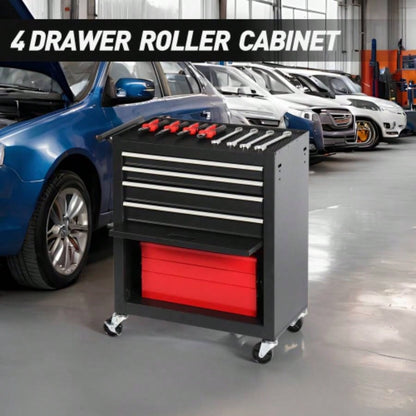 4 - Drawer Rolling Chest, Cabinet with 4 Wheels Chest with Drawers, Suitable Garages, Warehouses, Workshops, Repair Shops, Black
