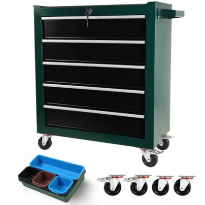5 - Drawers Rolling Chest, Cabinet on Wheels with Keyed Locking System and Drawer Liners, Chest with Link and can be Combined to Large Cabinet Set, Warehouse, Garage