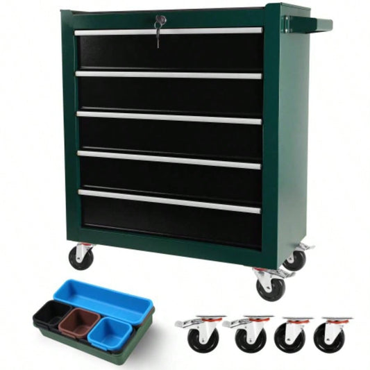 5 - Drawers Rolling Chest, Cabinet on Wheels with Keyed Locking System and Drawer Liners, Chest with Link and can be Combined to Large Cabinet Set, Warehouse, Garage