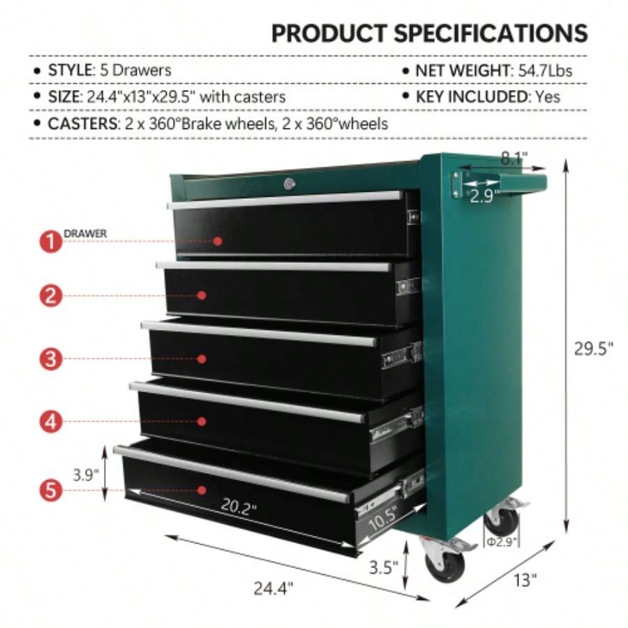 5 - Drawers Rolling Chest, Cabinet on Wheels with Keyed Locking System and Drawer Liners, Chest with Link and can be Combined to Large Cabinet Set, Warehouse, Garage