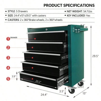 5 - Drawers Rolling Chest, Cabinet on Wheels with Keyed Locking System and Drawer Liners, Chest with Link and can be Combined to Large Cabinet Set, Warehouse, Garage