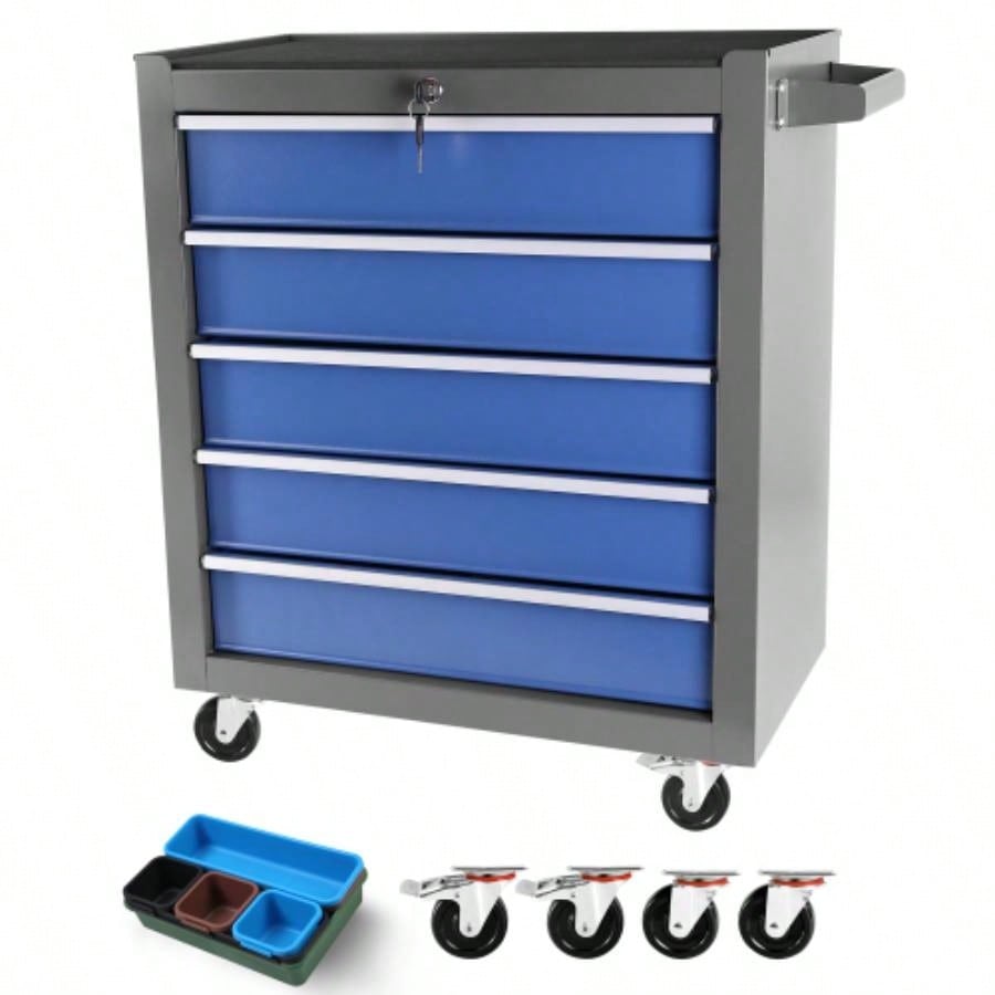 5 - Drawers Rolling Chest, Cabinet on Wheels with Keyed Locking System and Drawer Liners, Chest with Link and can be Combined to Large Cabinet Set, Warehouse, Garage