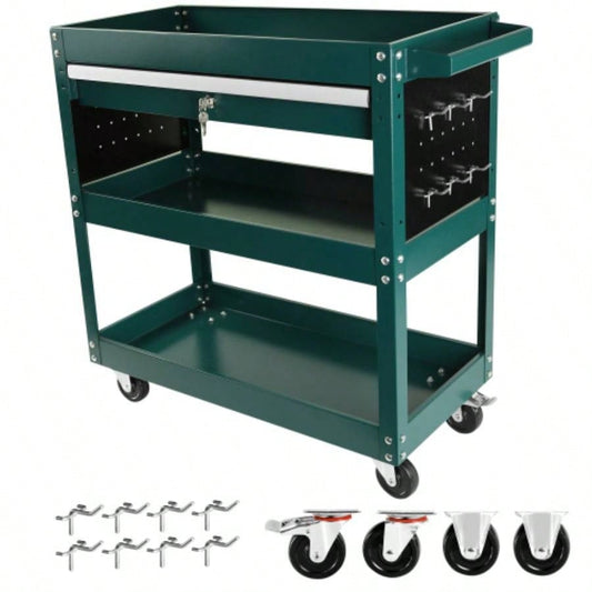 3 Tier Rolling Cart, Heavy Duty Utility Cart Organizer with Storage Drawer, Industrial Commercial Service Cart Mechanics, Garage, Warehouse Repair Shop