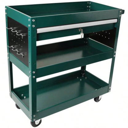 3 Tier Rolling Cart, Heavy Duty Utility Cart Organizer with Storage Drawer, Industrial Commercial Service Cart Mechanics, Garage, Warehouse Repair Shop