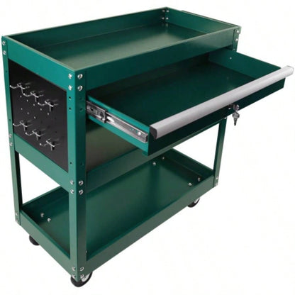 3 Tier Rolling Cart, Heavy Duty Utility Cart Organizer with Storage Drawer, Industrial Commercial Service Cart Mechanics, Garage, Warehouse Repair Shop