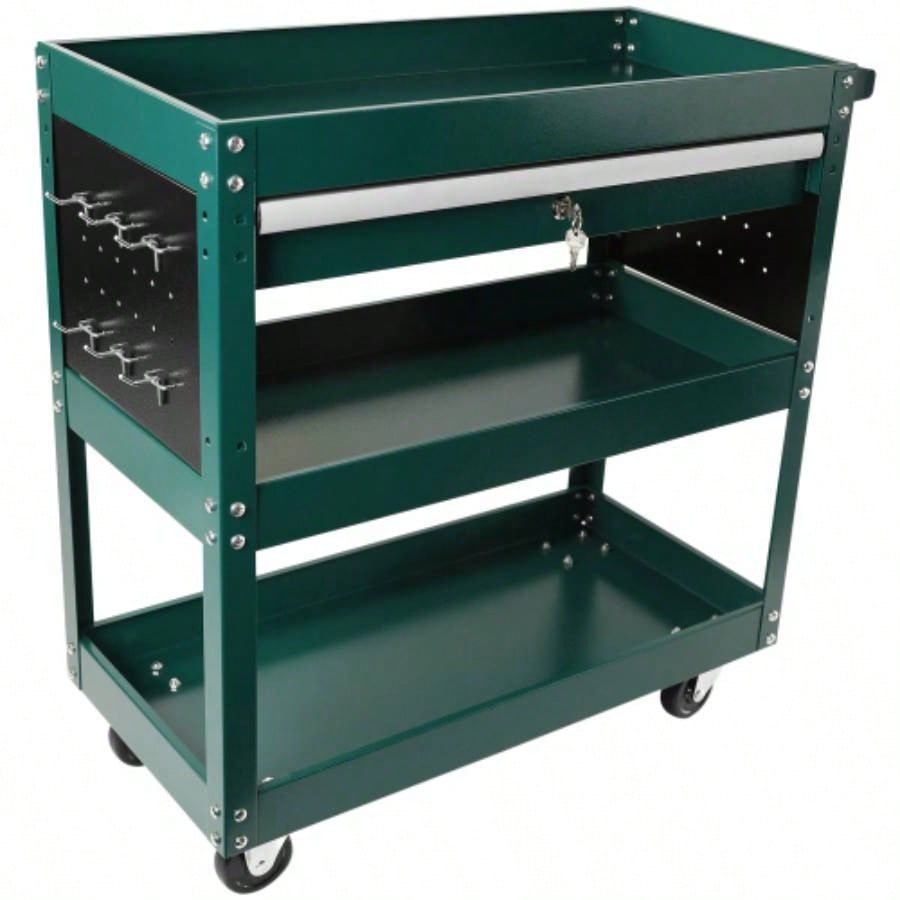 3 Tier Rolling Cart, Heavy Duty Utility Cart Organizer with Storage Drawer, Industrial Commercial Service Cart Mechanics, Garage, Warehouse Repair Shop