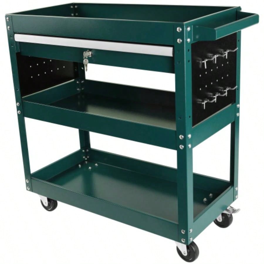 3 Tier Rolling Cart, Heavy Duty Utility Cart Organizer with Storage Drawer, Industrial Commercial Service Cart Mechanics, Garage, Warehouse Repair Shop