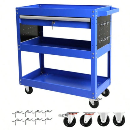 3 Tier Rolling Cart, Heavy Duty Utility Cart Organizer with Storage Drawer, Industrial Commercial Service Cart Mechanics, Garage, Warehouse Repair Shop