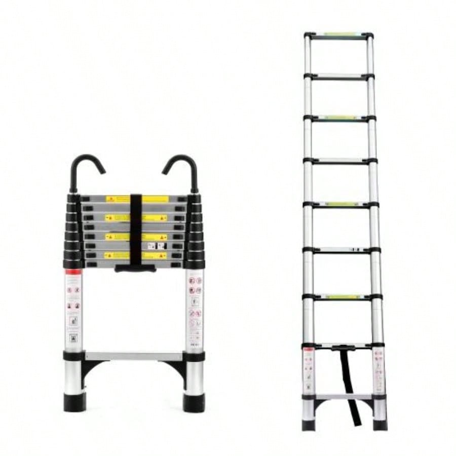 8.5FT telescopic ladder, telescopic aluminum alloy multi - purpose folding telescopic ladder with hooks and triangular support frame, suitable outdoor work at home or RV