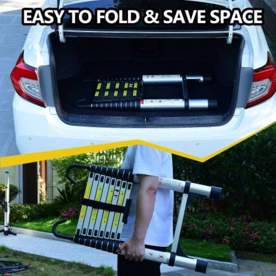 8.5FT telescopic ladder, telescopic aluminum alloy multi - purpose folding telescopic ladder with hooks and triangular support frame, suitable outdoor work at home or RV