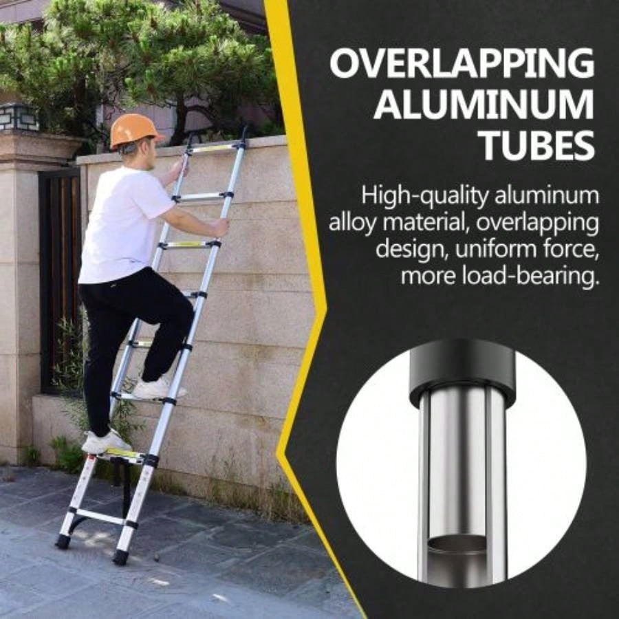 8.5FT telescopic ladder, telescopic aluminum alloy multi - purpose folding telescopic ladder with hooks and triangular support frame, suitable outdoor work at home or RV
