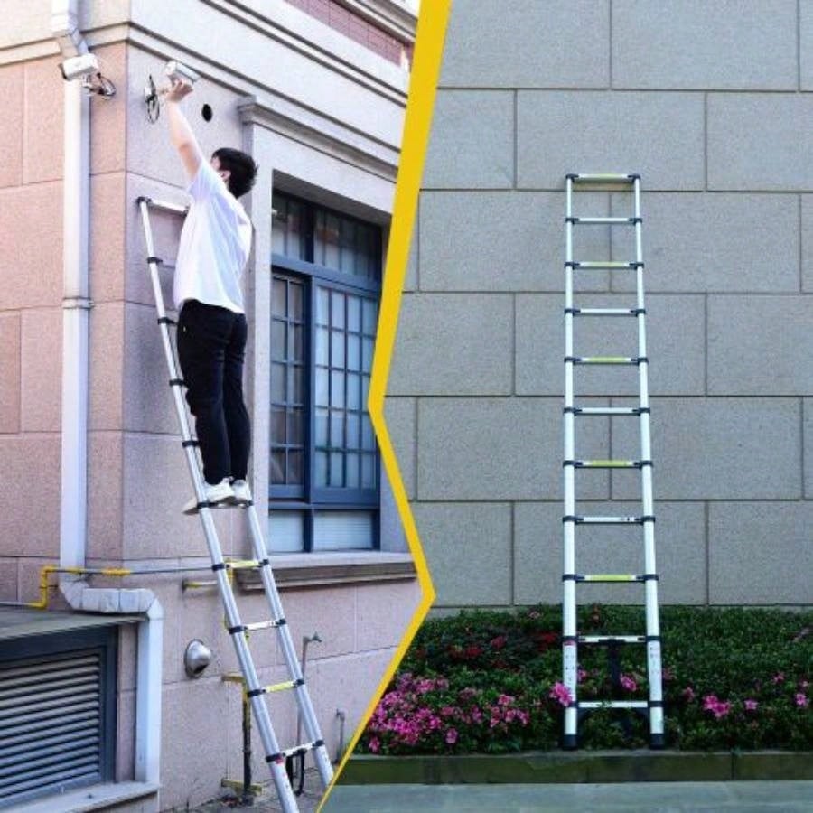 8.5FT telescopic ladder, telescopic aluminum alloy multi - purpose folding telescopic ladder with hooks and triangular support frame, suitable outdoor work at home or RV