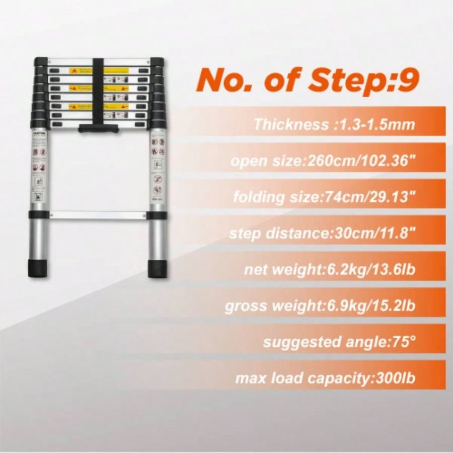 Telescoping Ladder 8.5FT, Telescopic Extension Ladder, Aluminum Alloy Folding Ladder Portable Multi - Purpose Indoor Outdoor Work, Heavy Duty 300 lbs Load