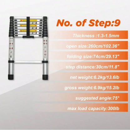 Telescoping Ladder 8.5FT, Telescopic Extension Ladder, Aluminum Alloy Folding Ladder Portable Multi - Purpose Indoor Outdoor Work, Heavy Duty 300 lbs Load