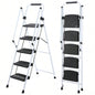 ladder, folding ladder stool, with anti slip wide pedals, steel ladder, with safety anti slip handle, lightweight 300 pound portable steel ladder stool in White 5 steps