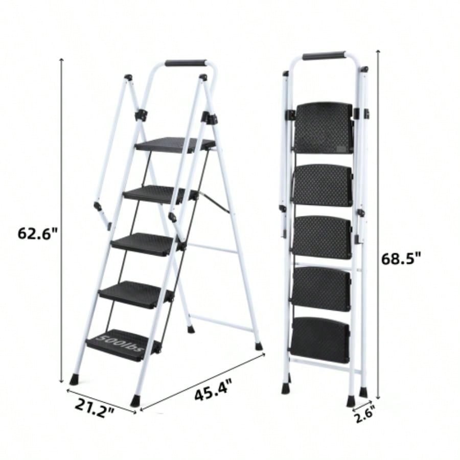 ladder, folding ladder stool, with anti slip wide pedals, steel ladder, with safety anti slip handle, lightweight 300 pound portable steel ladder stool in White 5 steps