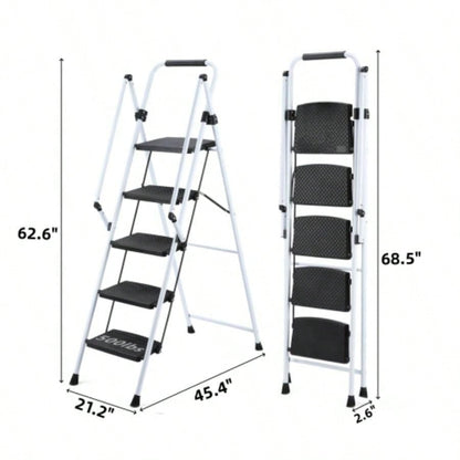 ladder, folding ladder stool, with anti slip wide pedals, steel ladder, with safety anti slip handle, lightweight 300 pound portable steel ladder stool in White 5 steps