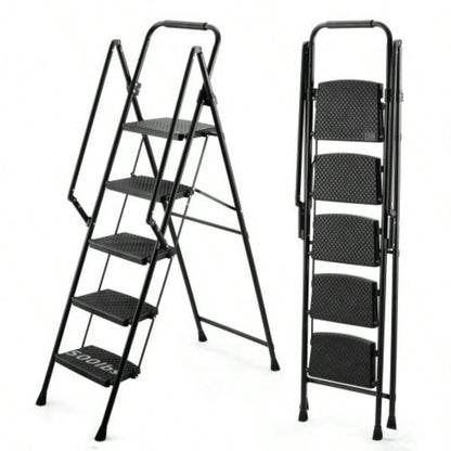 ladder, folding ladder stool, with anti slip wide pedals, steel ladder, with safety anti slip handle, lightweight 300 pound portable steel ladder stool in White 5 steps