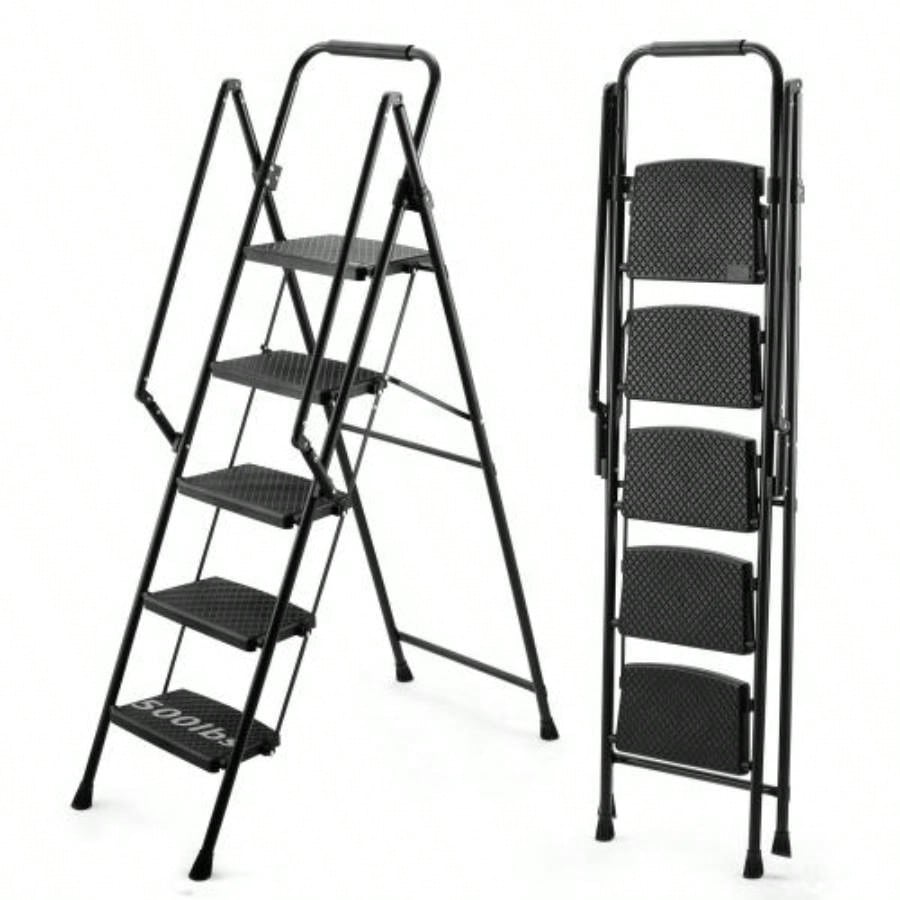 ladder, folding ladder stool, with anti slip wide pedals, steel ladder, with safety anti slip handle, lightweight 300 pound portable steel ladder stool in White 5 steps