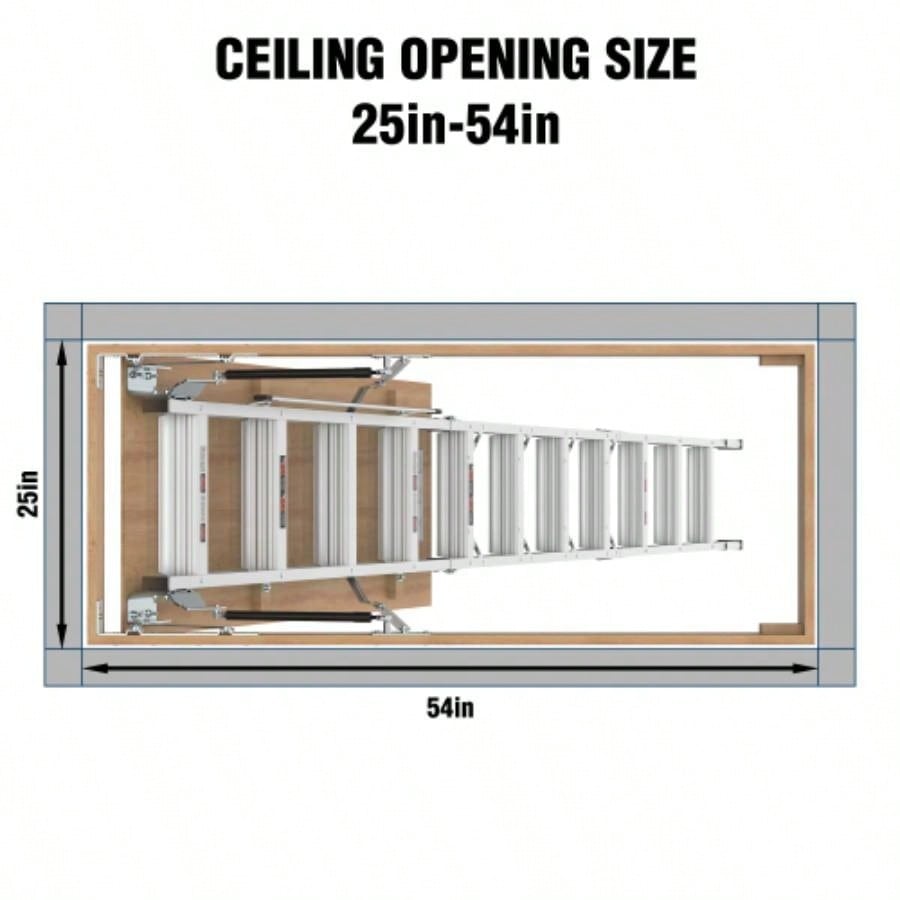 Household Aluminum Attic Ladder 25x 54, 350lbs Capacity, - 10 ft Ceiling Height