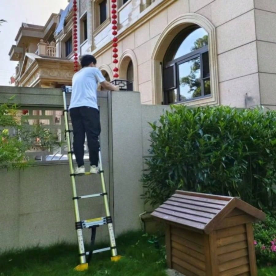 11.5 FT aluminum telescopic ladder, equipped with 360 rotatable stabilizer bar and metal suction magnetic strip, compact and portable anti slip folding ladder, multi - purpose telescopic ladder