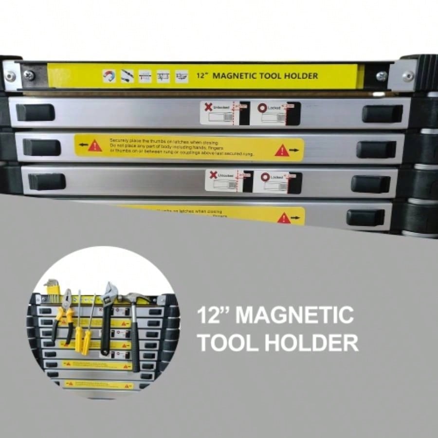 11.5 FT aluminum telescopic ladder, equipped with 360 rotatable stabilizer bar and metal suction magnetic strip, compact and portable anti slip folding ladder, multi - purpose telescopic ladder