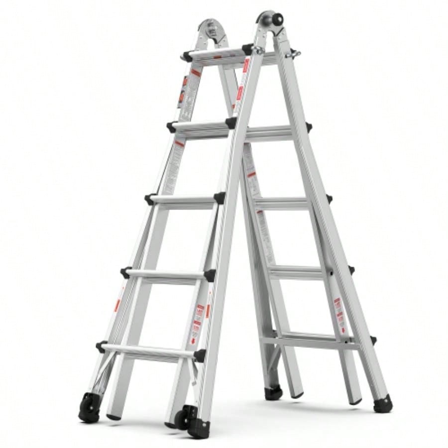 17ft Multi - Position Foldable Aluminum Ladder, A - Frame and Straight Ladder, ANSI 250lbs