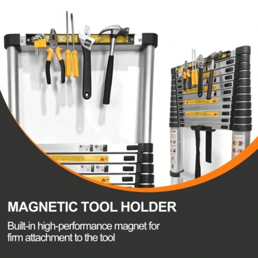 11.5 FT aluminum telescopic ladder, equipped with 360 rotatable stabilizer bar and metal suction magnetic strip, compact and portable anti slip folding ladder, multi - purpose telescopic ladder