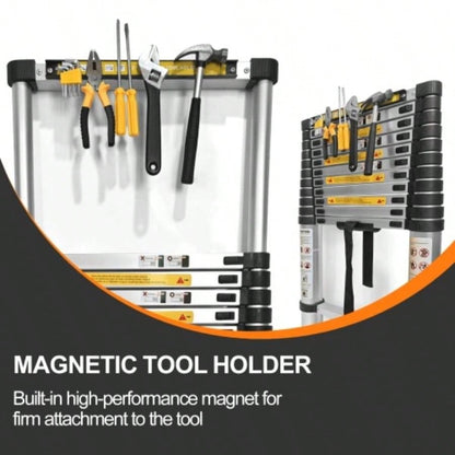 11.5 FT aluminum telescopic ladder, equipped with 360 rotatable stabilizer bar and metal suction magnetic strip, compact and portable anti slip folding ladder, multi - purpose telescopic ladder