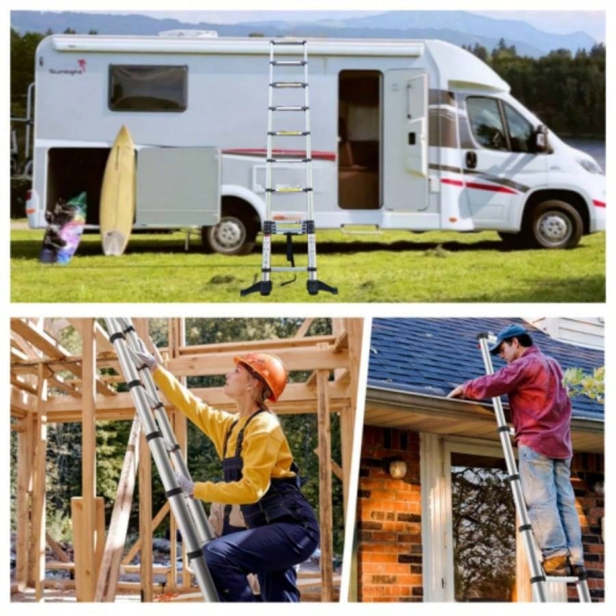 11.5 FT aluminum telescopic ladder, equipped with 360 rotatable stabilizer bar and metal suction magnetic strip, compact and portable anti slip folding ladder, multi - purpose telescopic ladder