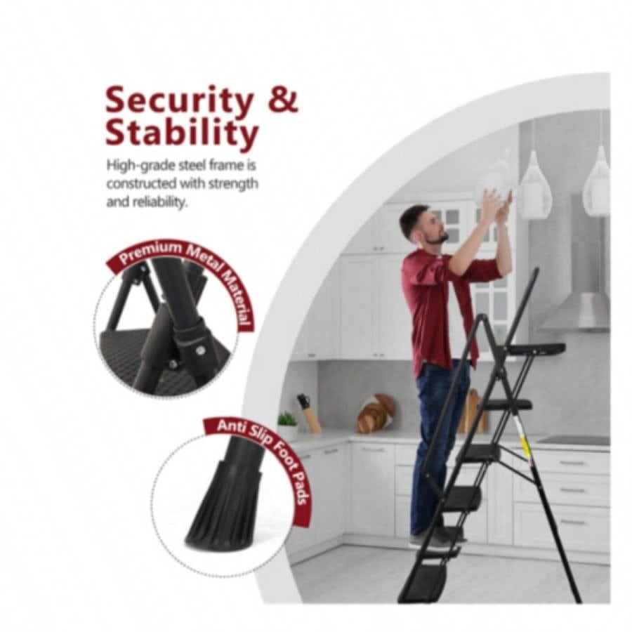 4 Step Ladder, Folding Step Stool with Non - Slip Wide Pedals, Soft Handle, Non - Slip Feet, Sturdy Steel Construction, 440 lb Capacity Steel Ladder, Suitable Home Office