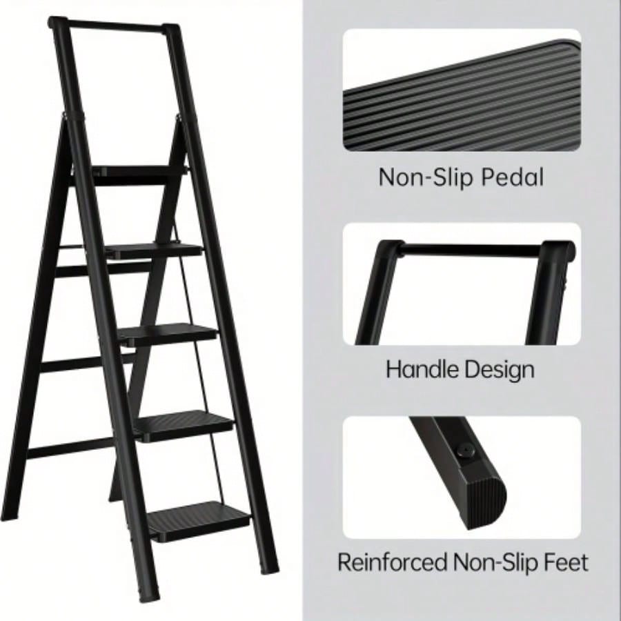 5 - step ladder folding step stool, 5 - step ladder with anti slip wide pedals, lightweight and easy to carry handle folding ladder, multi - purpose steel ladder, suitable home and office use