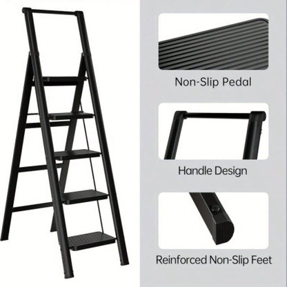 5 - step ladder folding step stool, 5 - step ladder with anti slip wide pedals, lightweight and easy to carry handle folding ladder, multi - purpose steel ladder, suitable home and office use